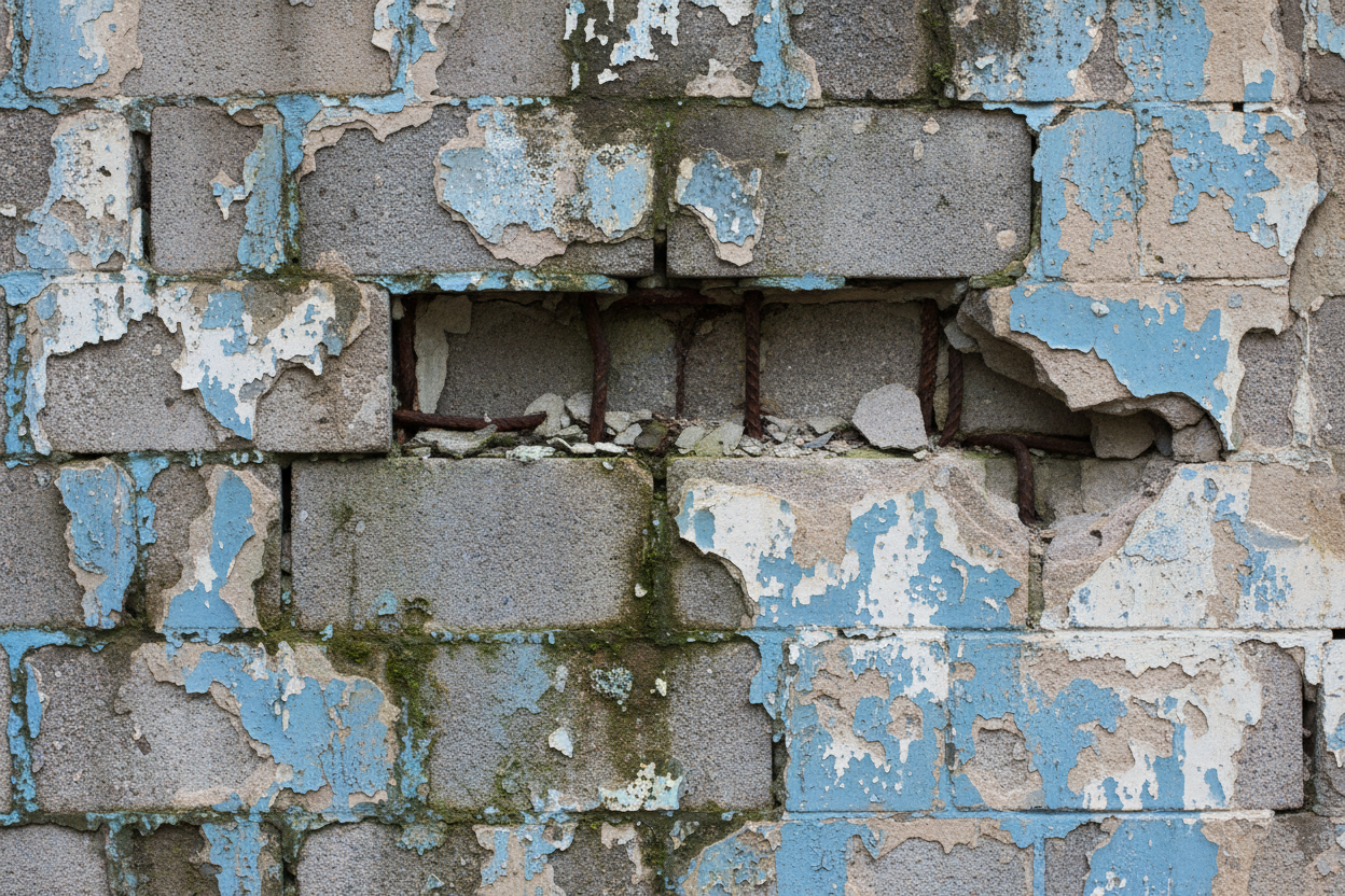 A close-up of a weathered brick wall with peeling orange and white paint, showing exposed gray bricks, moss, and a broken section revealing dark metal bars behind it.